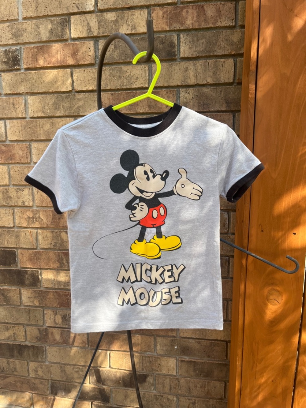 Disney Grey Mickey Mouse Ringer Tee with Black Trim and Yellow Shoes